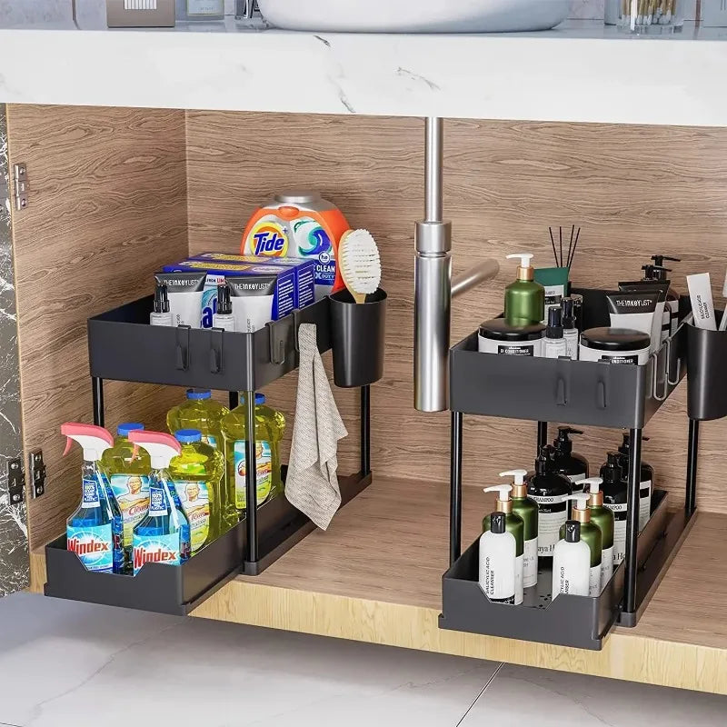 2-Tier Sliding Under Sink Organizer, Pull-Out PP Cabinet Rack with Hooks and Detachable Hanging Cup for Kitchen or Bathroom - product view 4