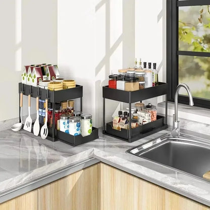 2-Tier Sliding Under Sink Organizer, Pull-Out PP Cabinet Rack with Hooks and Detachable Hanging Cup for Kitchen or Bathroom - product view 6