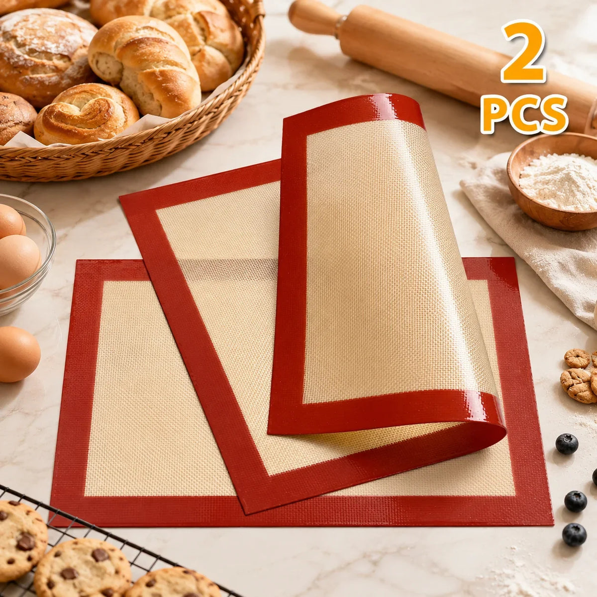 Silicone Baking Mat Set, 2-Piece Reusable Non-Stick Oven Bakeware Sheets, 40 x 30 cm, Red - product view 2