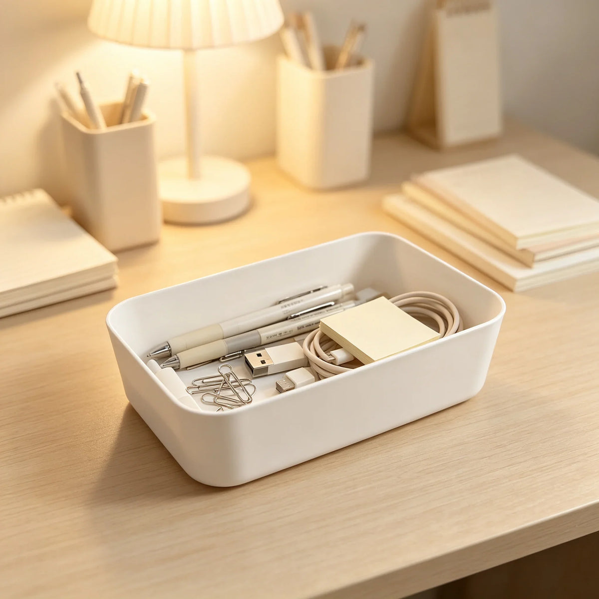 Stackable Storage Trays with Lids, Waterproof Plastic Organizer Boxes, White 3-Pack for Makeup, Stationery and Cables - product view 6