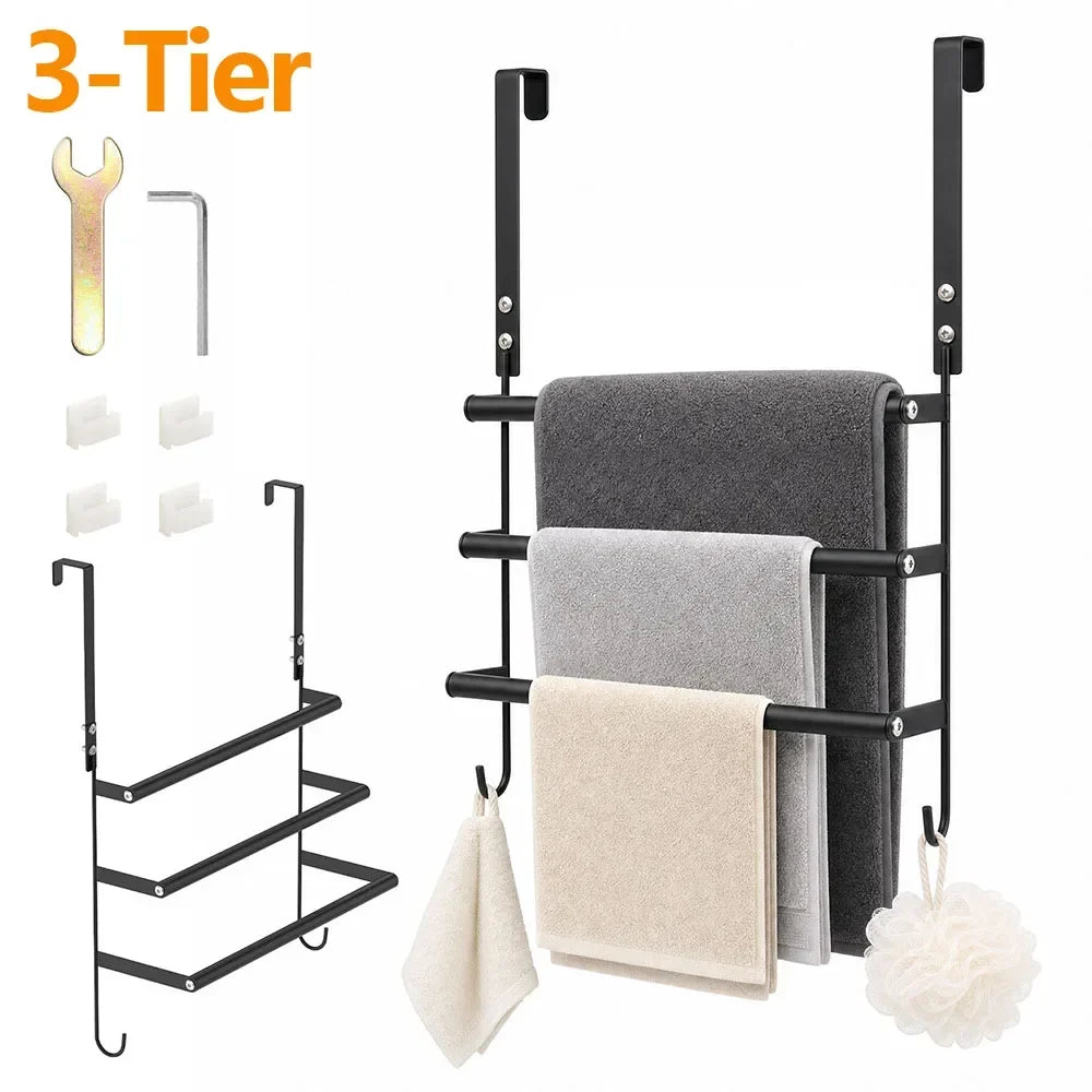 Over Door Drying Rack, 3-Tier Stainless Steel Towel Organizer with Hooks, Drill-Free Hanging Storage for Bathroom Doors - product view 2