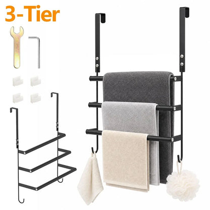 Over Door Drying Rack, 3-Tier Stainless Steel Towel Organizer with Hooks, Drill-Free Hanging Storage for Bathroom Doors - product view 2
