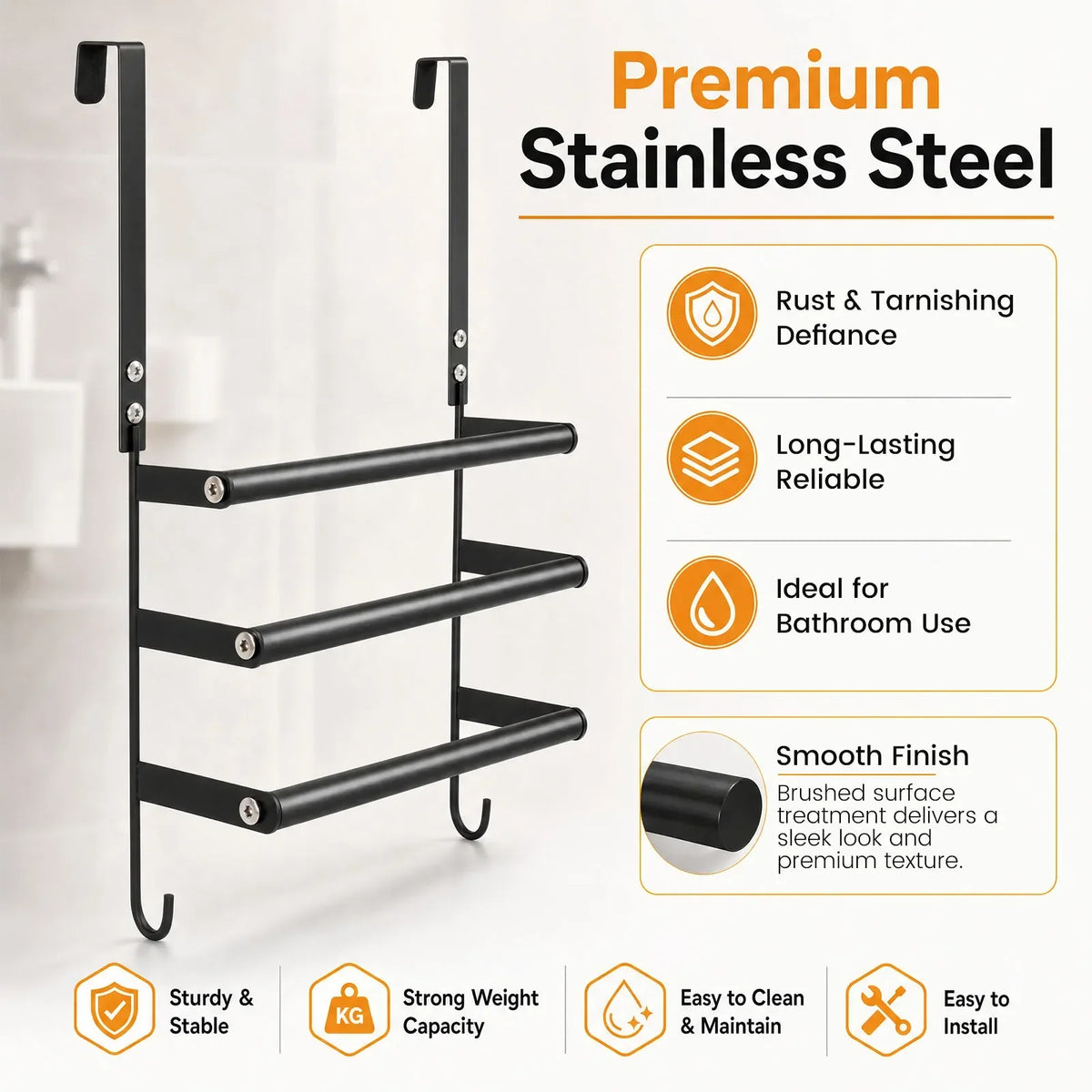 Over Door Drying Rack, 3-Tier Stainless Steel Towel Organizer with Hooks, Drill-Free Hanging Storage for Bathroom Doors - product view 3