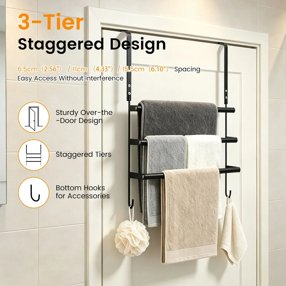 Over Door Drying Rack, 3-Tier Stainless Steel Towel Organizer with Hooks, Drill-Free Hanging Storage for Bathroom Doors - product view 4