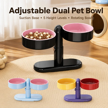 Adjustable Elevated Cat Bowl, Dual Food and Water Bowls, Rotating Rounded ABS Stand with Suction Base - product view 4