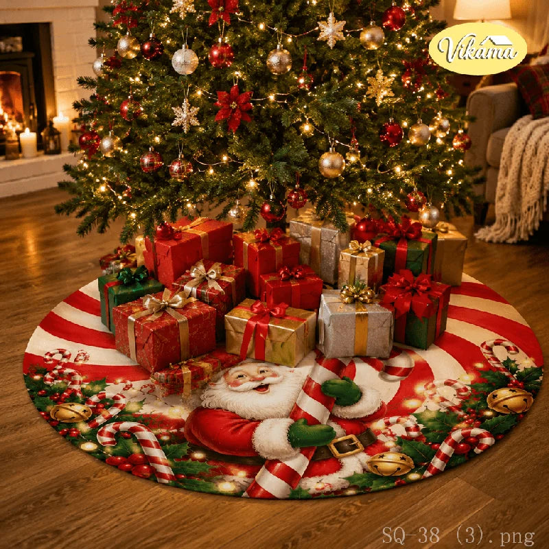 Santa Christmas Tree Skirt, Cloth Round Base Mat with Colorful Lights, Golden Stars and Candy Cane Holiday Décor - product view 3