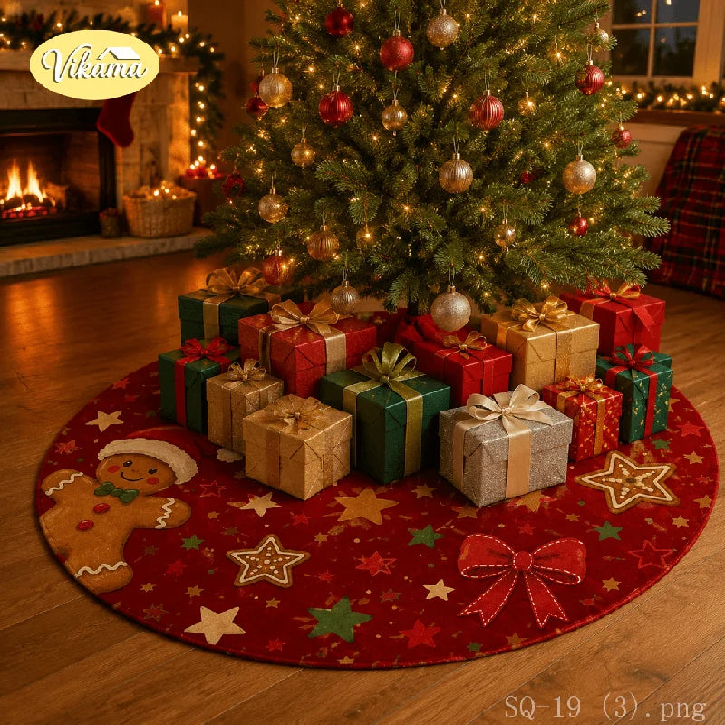 Santa Christmas Tree Skirt, Cloth Round Base Mat with Colorful Lights, Golden Stars and Candy Cane Holiday Décor - product view 6