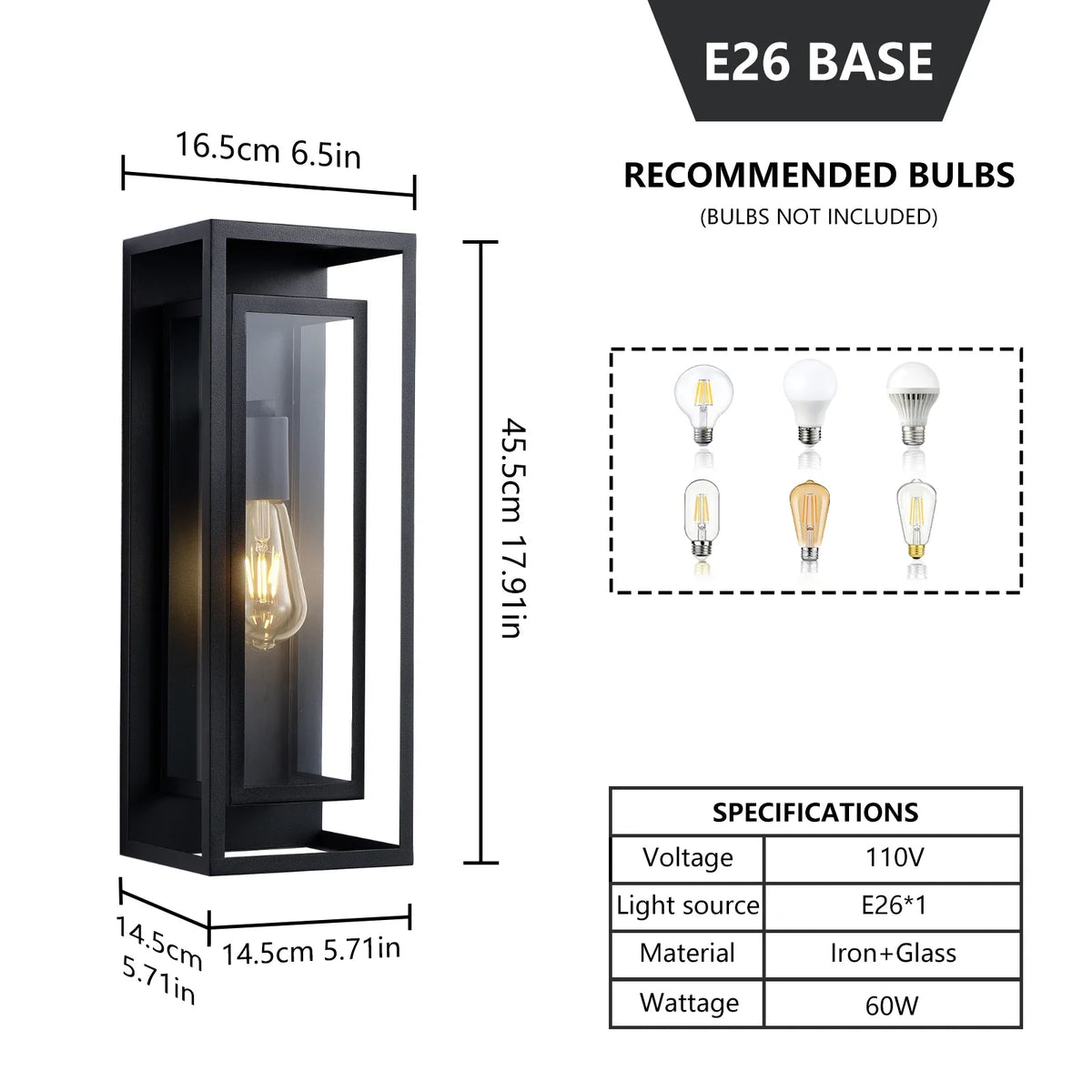18-Inch Outdoor Wall Light, Modern Black Metal Lantern with Tempered Glass, E26 Socket, 2-Pack for Porch and Garage - product view 3
