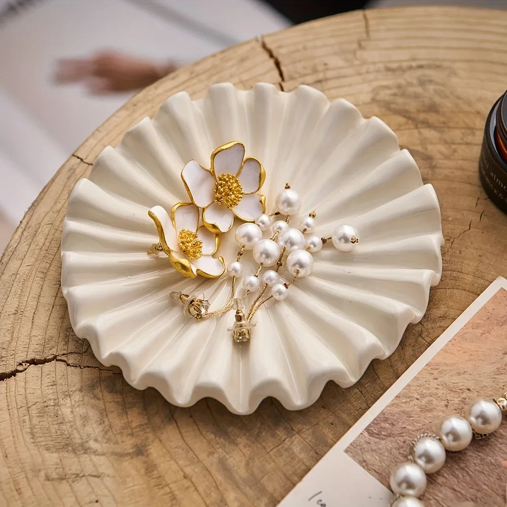 Ceramic Jewelry Tray, Scalloped Ruffle Decorative Bowl with Enamel Finish for Coffee Table, Bookshelf and Console Styling - product view 3