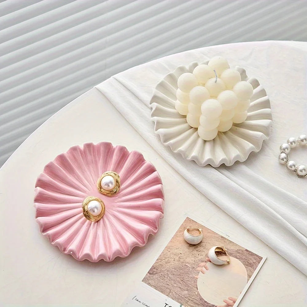 Ceramic Jewelry Tray, Scalloped Ruffle Decorative Bowl with Enamel Finish for Coffee Table, Bookshelf and Console Styling - product view 5