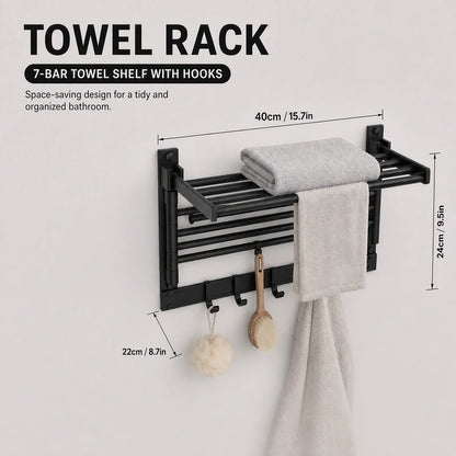 Wall-Mounted Towel Rack, Black Space Aluminum Shelf with 7 Rotating Rods, 5 Hooks, Foldable 40 cm Bath Storage - product view 1