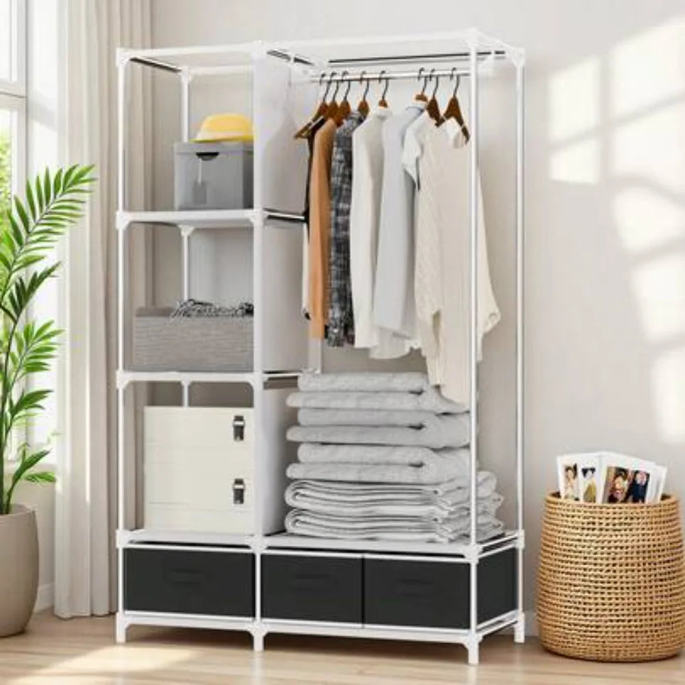 Freestanding Garment Rack, 3 Hanging Rods and 6 Shelves, Plastic Frame Wardrobe Organizer for Bedroom or Dorm - product view 1