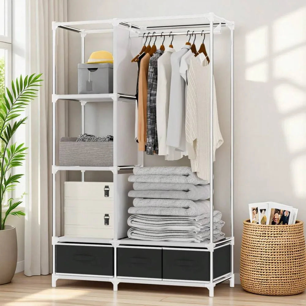 Freestanding Garment Rack, 3 Hanging Rods and 6 Shelves, Plastic Frame Wardrobe Organizer for Bedroom or Dorm - product view 3