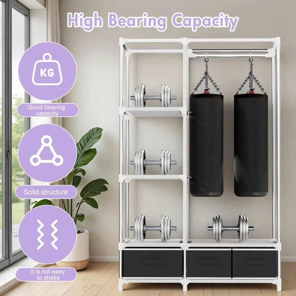 Freestanding Garment Rack, 3 Hanging Rods and 6 Shelves, Plastic Frame Wardrobe Organizer for Bedroom or Dorm - product view 4