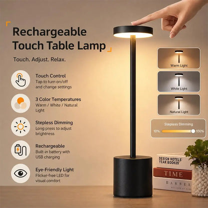 Rechargeable Table Lamp, Cordless LED Touch Desk Light, Stepless Dimming, 3 Color Temperatures, 5V DC - product view 3