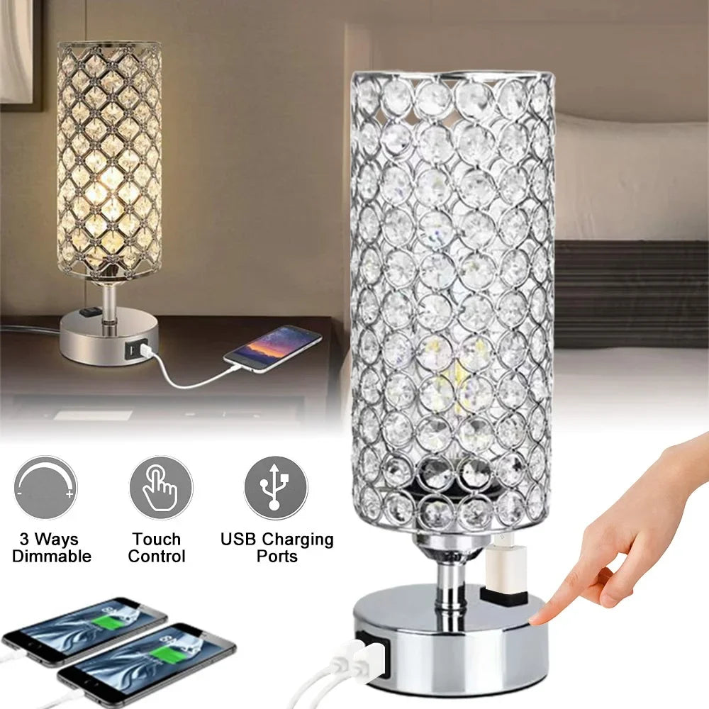 Crystal Touch Table Lamp, 3 Brightness Settings, Dual USB Ports, LED Light, 5V DC for Office and Living Room - product view 2
