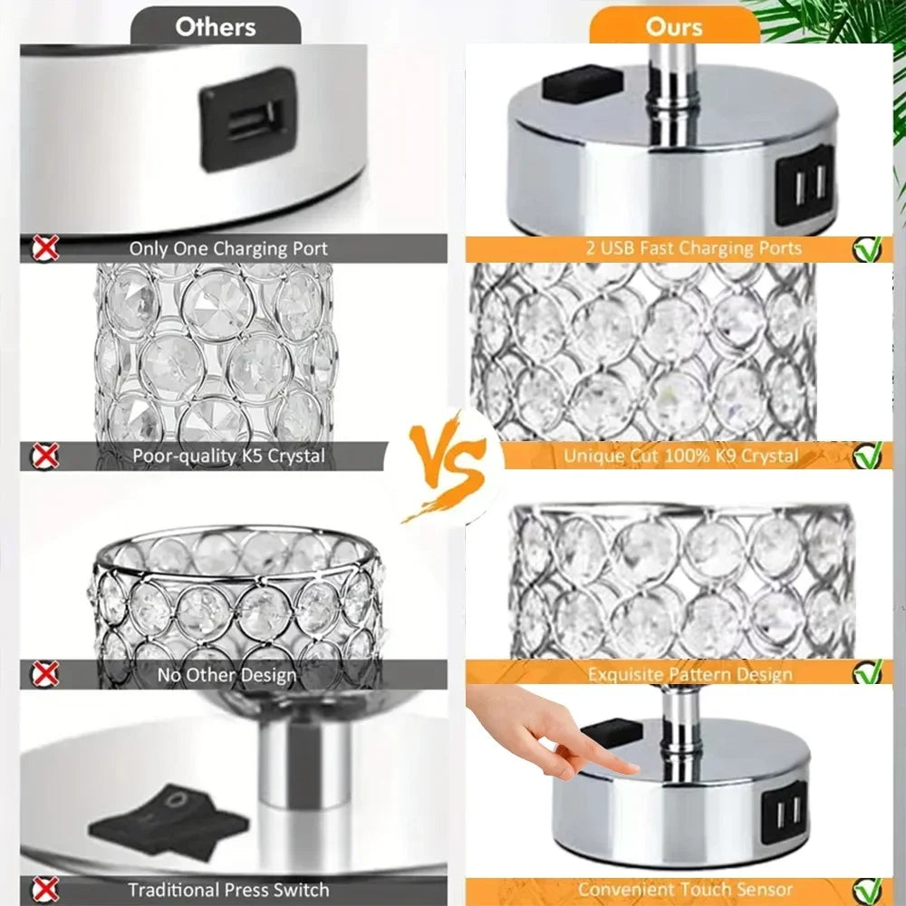 Crystal Touch Table Lamp, 3 Brightness Settings, Dual USB Ports, LED Light, 5V DC for Office and Living Room - product view 4