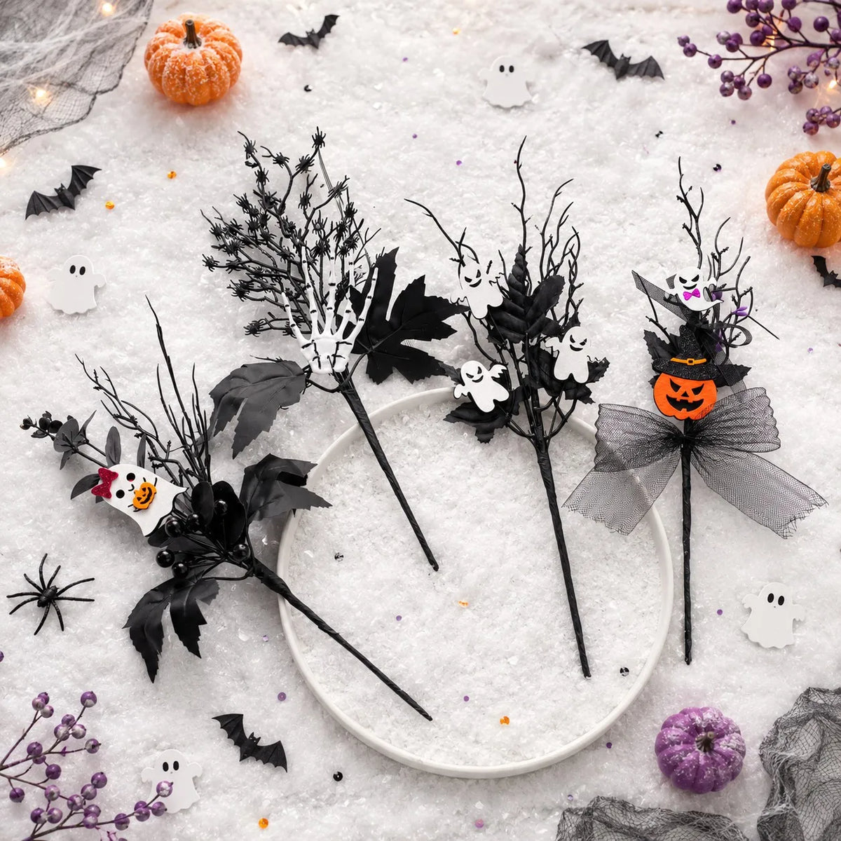 Halloween Wreath Picks, 4-Piece PVC Black Twigs with Skeleton Hand, Ghost and Pumpkin Details for Vase and Party Decor - product view 1