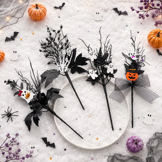 Halloween Wreath Picks, 4-Piece PVC Black Twigs with Skeleton Hand, Ghost and Pumpkin Details for Vase and Party Decor - product view 1
