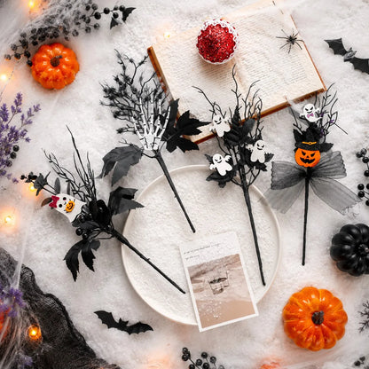 Halloween Wreath Picks, 4-Piece PVC Black Twigs with Skeleton Hand, Ghost and Pumpkin Details for Vase and Party Decor - product view 3