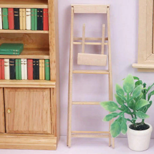 1:12 Miniature Wooden Ladder, 12.4 cm Dollhouse Furniture Accessory, 4 cm Wide Decor for Fairy Gardens and Model Scenes - product view 1