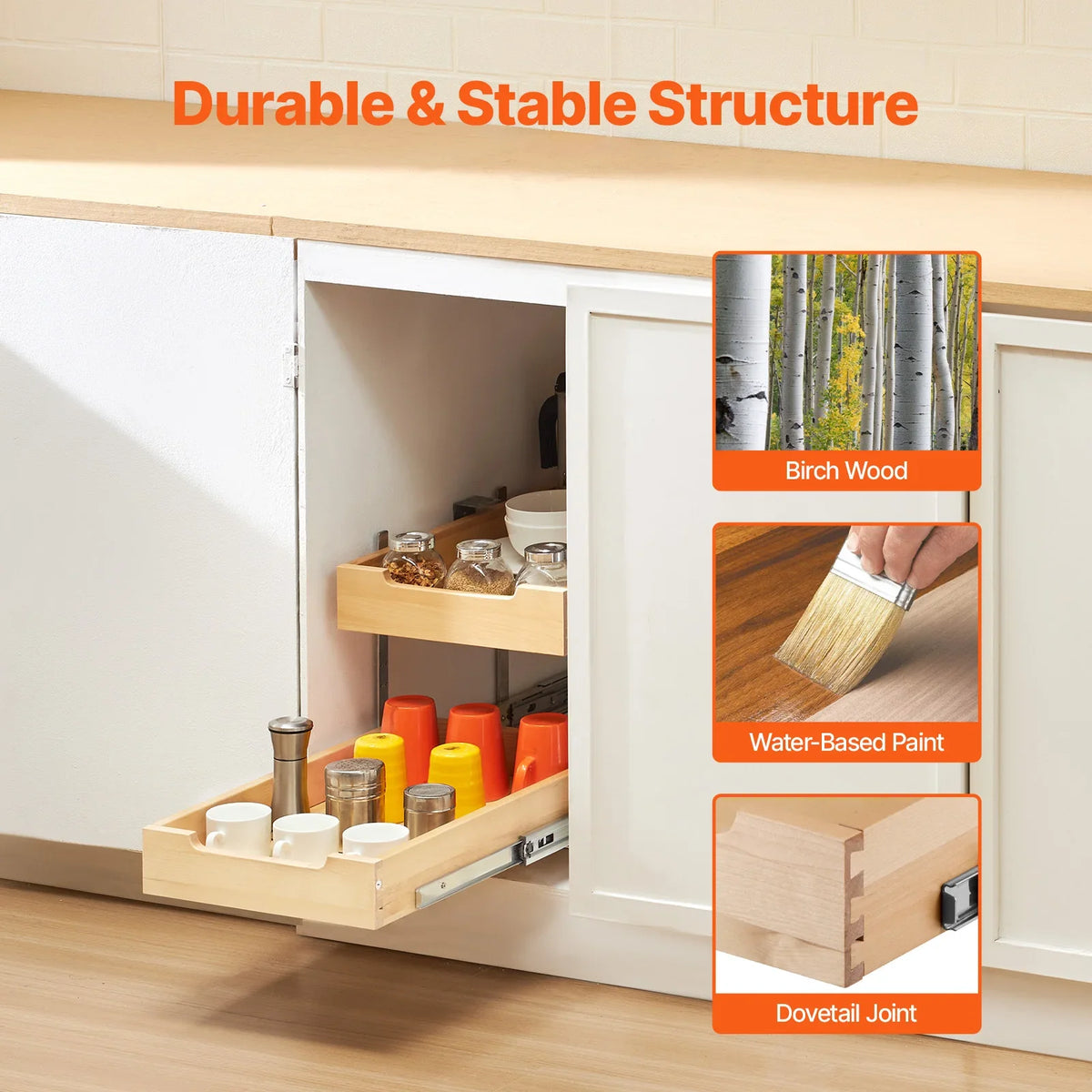 Pull-Out Cabinet Organizer, 2-Tier Birch Wood Drawer with Soft-Close Metal Rails, Adjustable Height for Kitchen Storage - product view 4