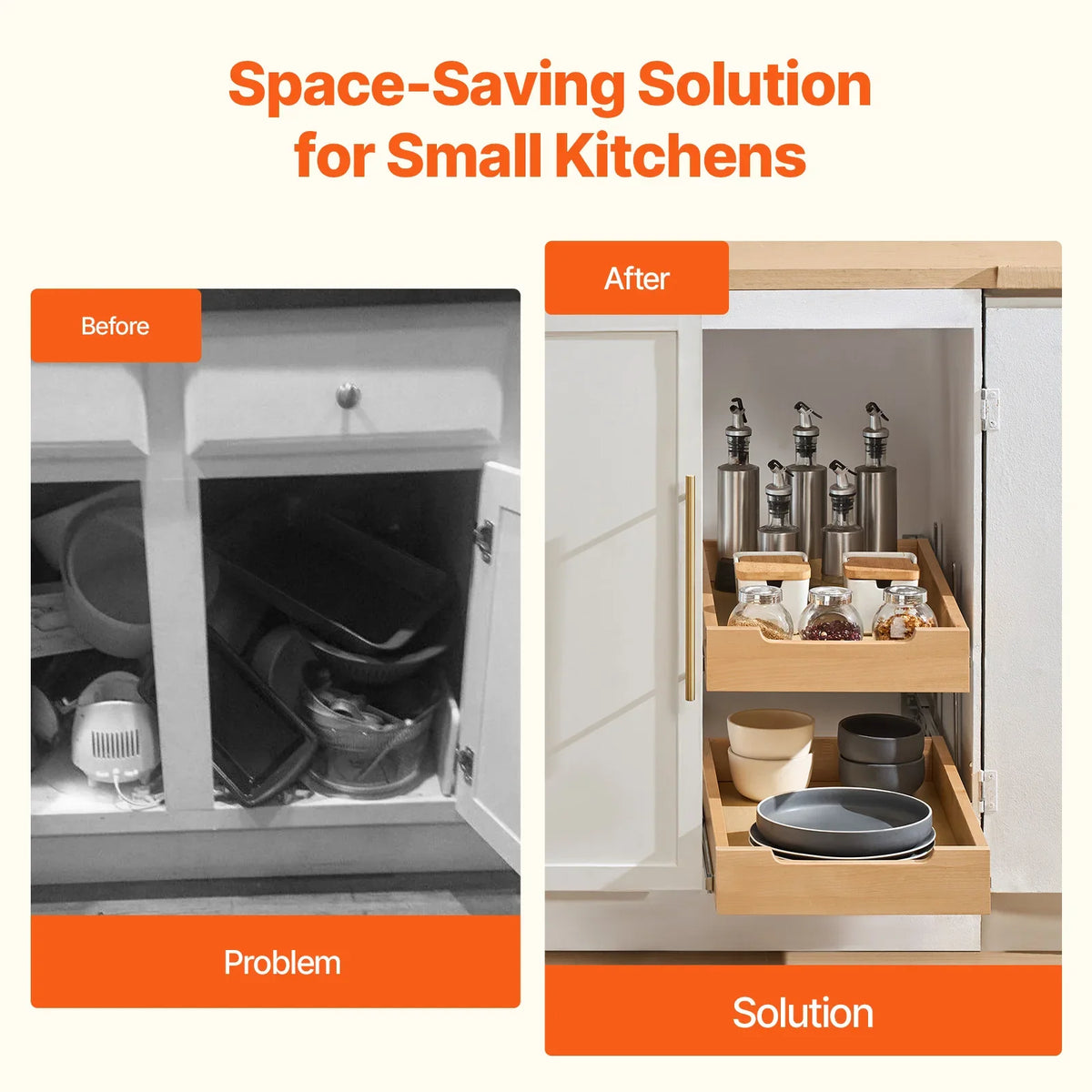 Pull-Out Cabinet Organizer, 2-Tier Birch Wood Drawer with Soft-Close Metal Rails, Adjustable Height for Kitchen Storage - product view 6