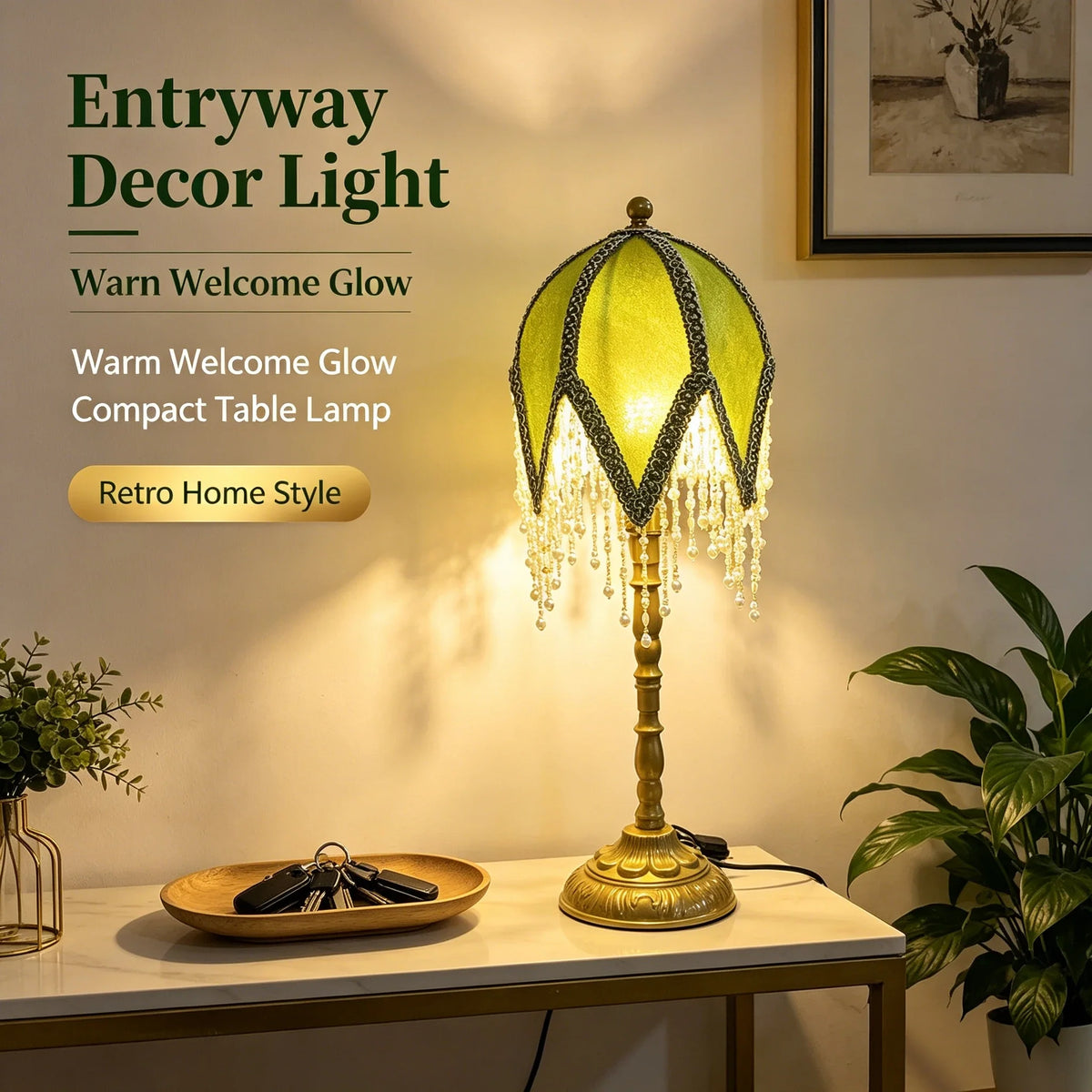 Vintage Fabric Table Lamp, European Tassel Shade, Bamboo-Joint Metal Base, E27 Bulb Socket, 110V US Plug for Bedroom - product view 1