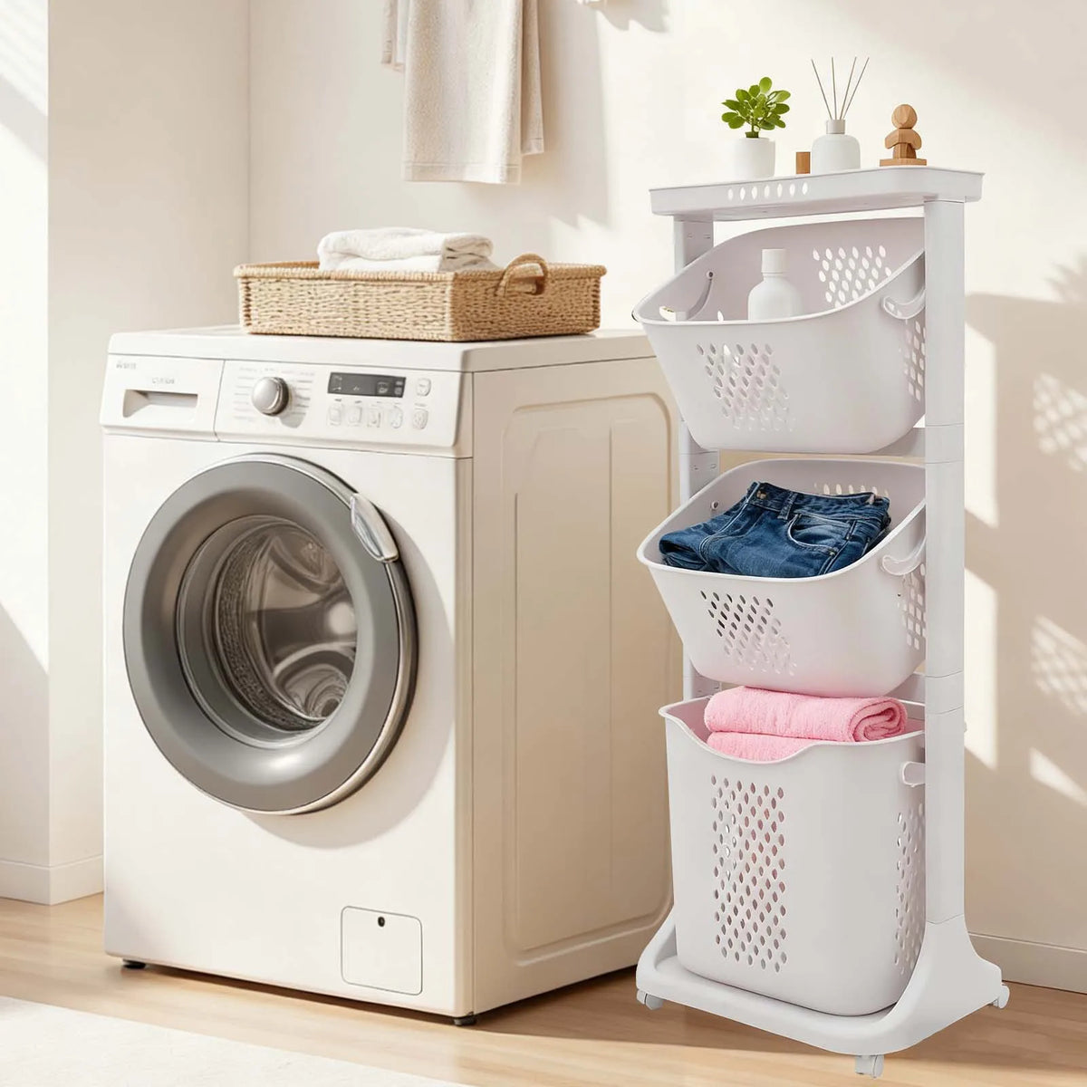 Collapsible 3-Tier Clothes Hamper, Ventilated Free-Standing PP Laundry Basket with Wheels for Bedroom, Bathroom and Laundry Room - product view 2