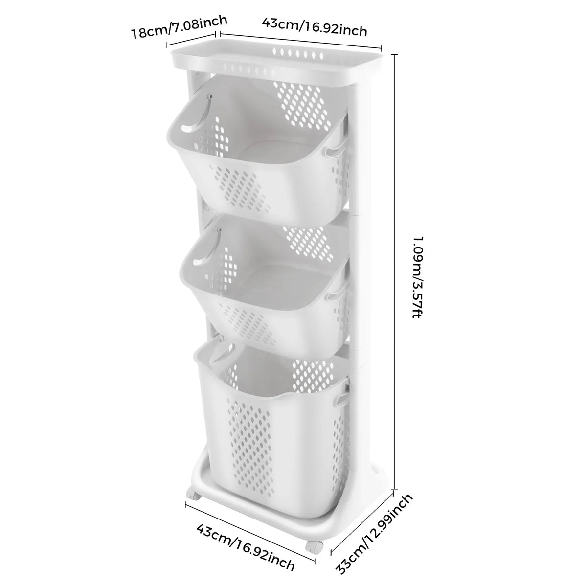 Collapsible 3-Tier Clothes Hamper, Ventilated Free-Standing PP Laundry Basket with Wheels for Bedroom, Bathroom and Laundry Room - product view 6