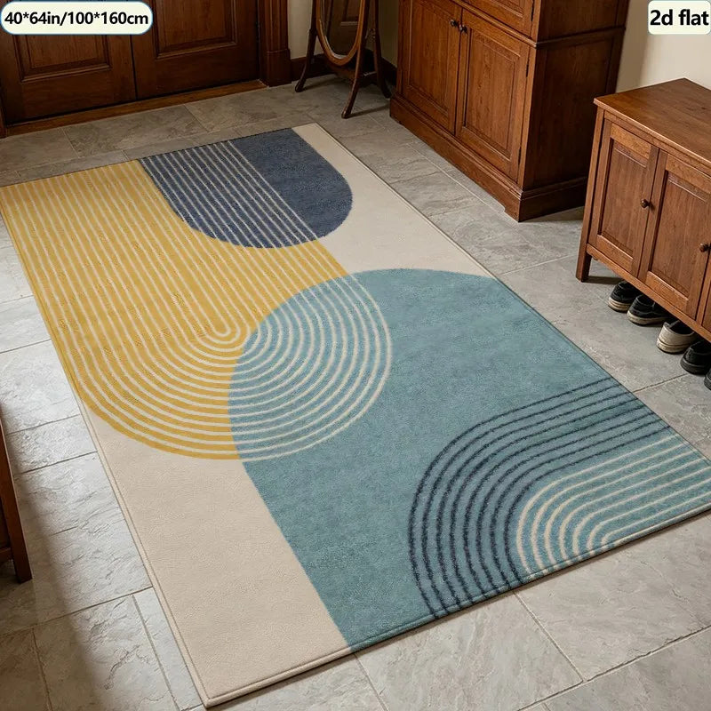 Blue Yellow Abstract Area Rug, Modern Geometric Color-Block Design, Polyester Carpet with Rubber Backing, 6 Sizes - product view 2