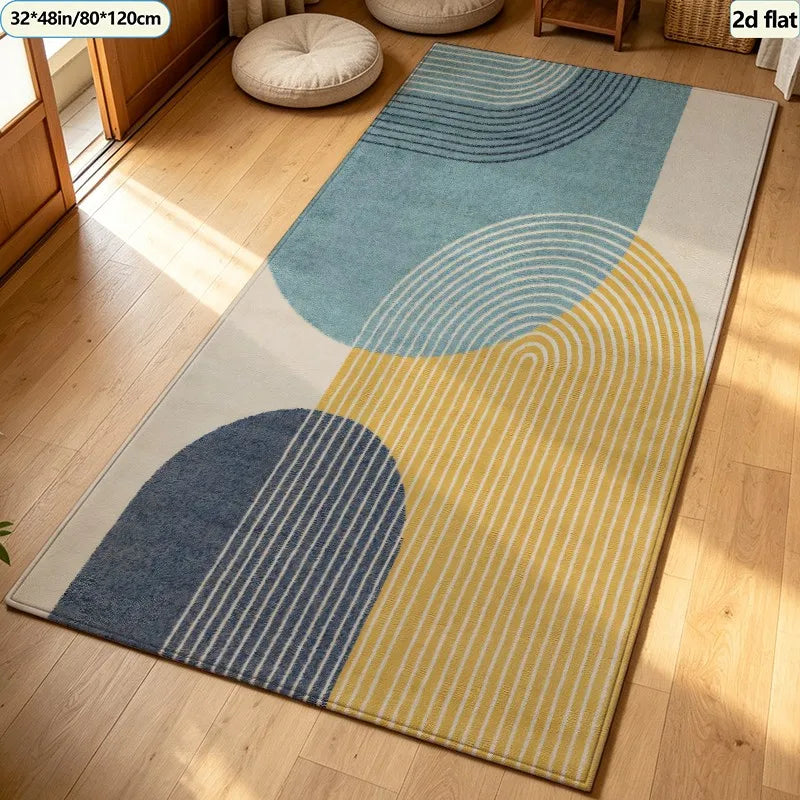 Blue Yellow Abstract Area Rug, Modern Geometric Color-Block Design, Polyester Carpet with Rubber Backing, 6 Sizes - product view 3