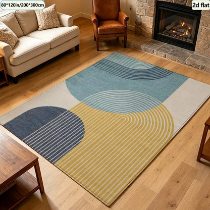 Blue Yellow Abstract Area Rug, Modern Geometric Color-Block Design, Polyester Carpet with Rubber Backing, 6 Sizes - product view 6