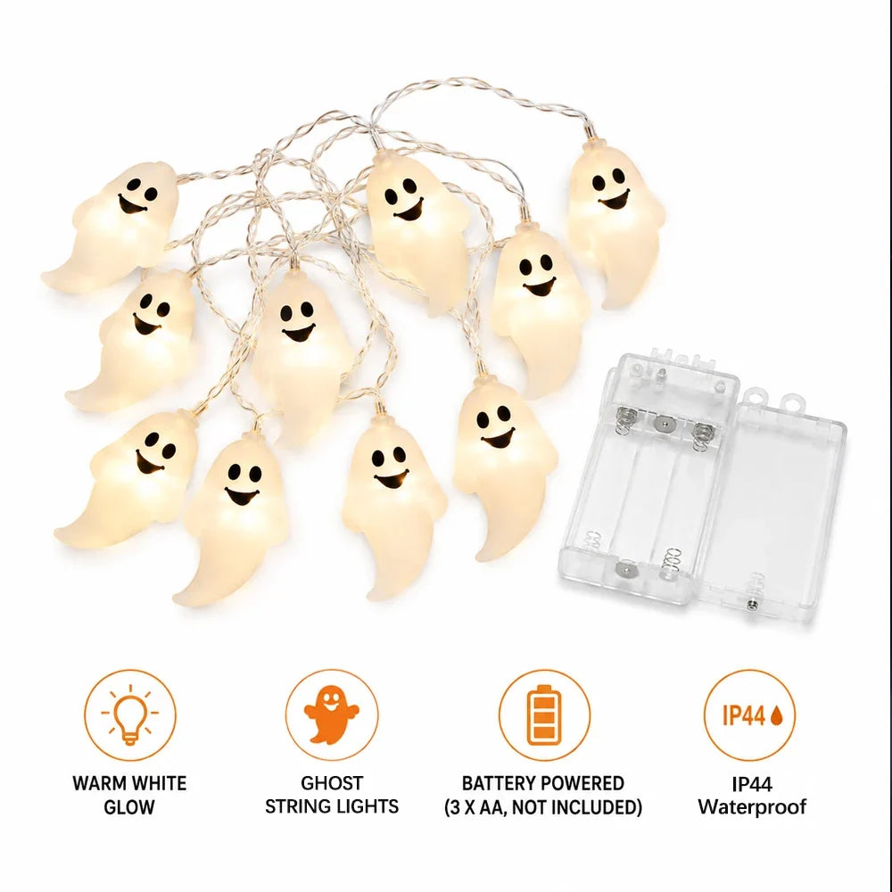 Halloween Waterproof String Lights, 3M Battery-Powered LED Pumpkin, Ghost or Eyeball Shapes, IP44 Indoor Outdoor Party Décor - product view 3