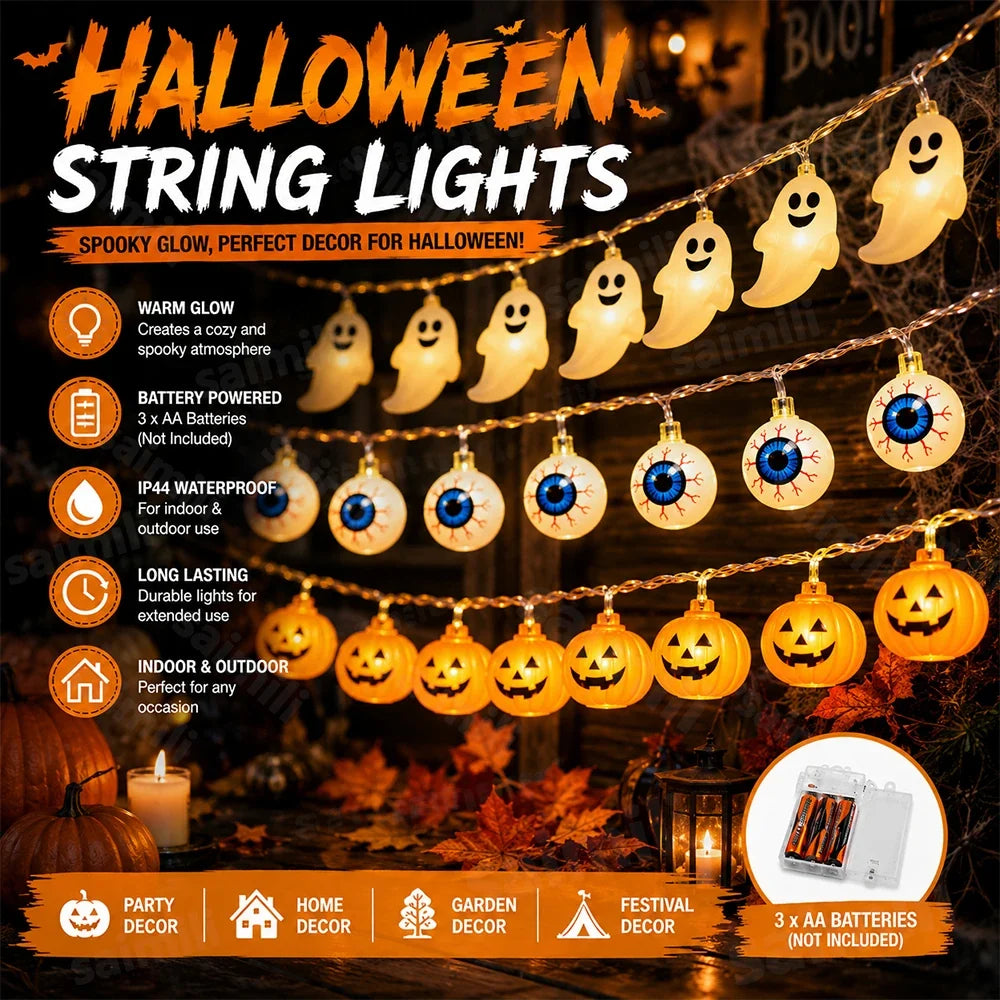 Halloween Waterproof String Lights, 3M Battery-Powered LED Pumpkin, Ghost or Eyeball Shapes, IP44 Indoor Outdoor Party Décor - product view 4