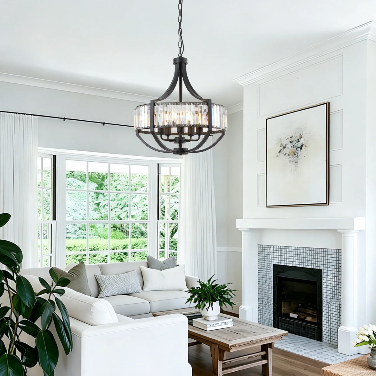Crystal Pendant Light, Modern Black Ring Chandelier with E26 Socket, Adjustable Hanging Height, Dimmable Indoor Ceiling Fixture - product view 1