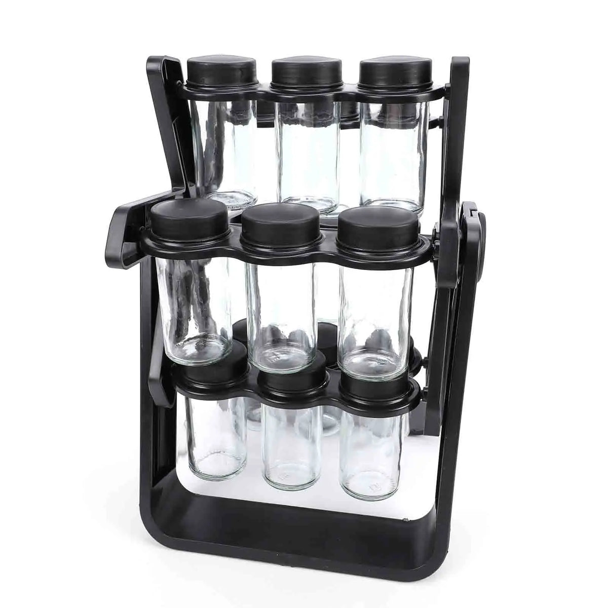 18-Jar Spice Carousel Organizer, 360° Rotating 3-Tier Rack with Glass Jars, Labels and Funnel, Black - product view 3
