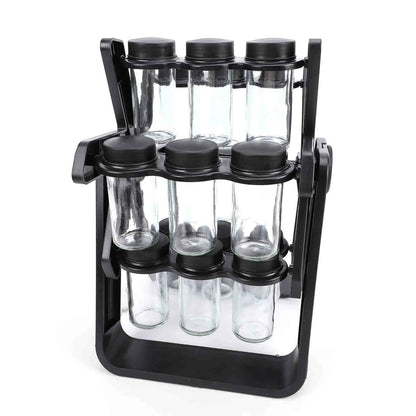 18-Jar Spice Carousel Organizer, 360° Rotating 3-Tier Rack with Glass Jars, Labels and Funnel, Black - product view 3