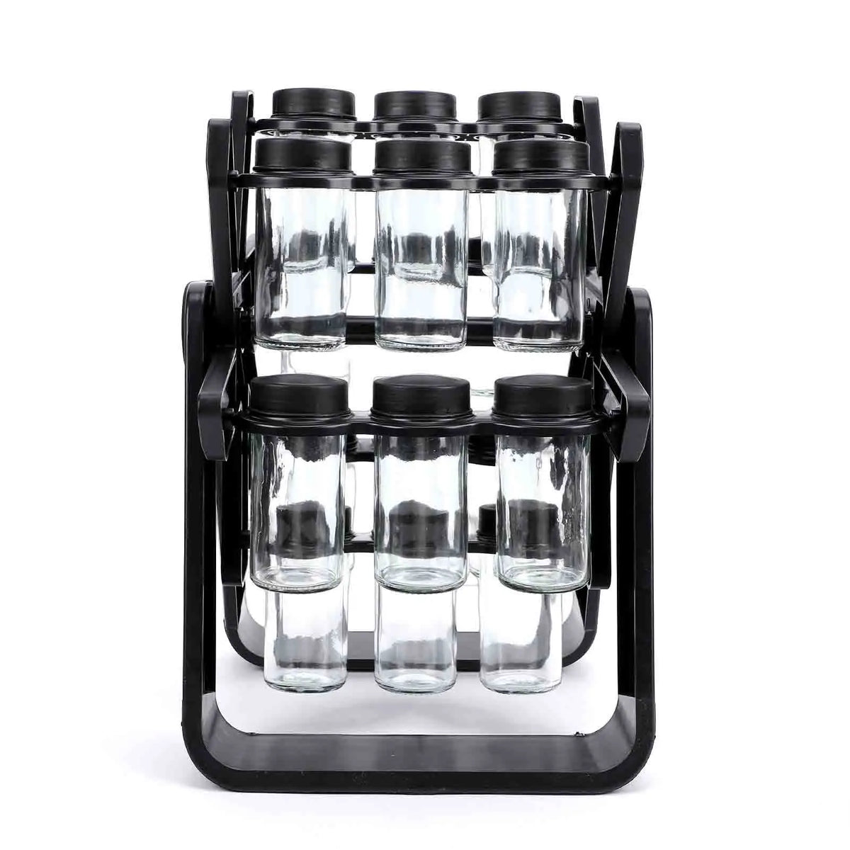 18-Jar Spice Carousel Organizer, 360° Rotating 3-Tier Rack with Glass Jars, Labels and Funnel, Black - product view 4