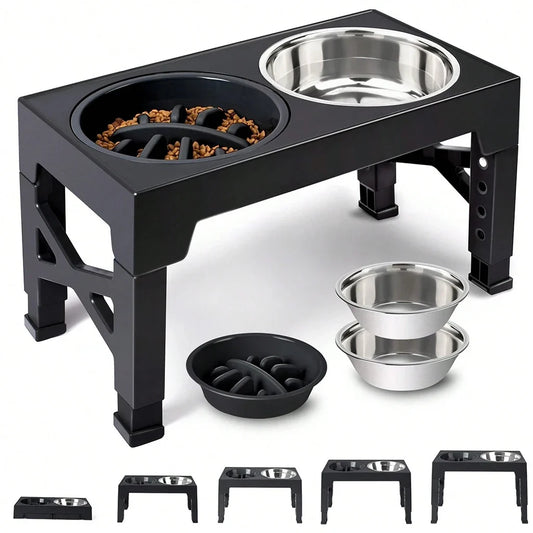 Height-Adjustable Elevated Slow Feeder Dog Bowl, Stainless Steel Bowl, Anti-Slip Stand, Black or Grey - product view 1