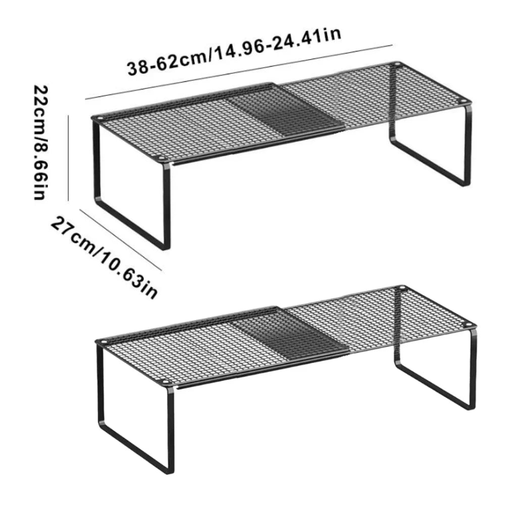 Adjustable Cabinet Shelf Organizer, Stackable Steel Rack, Expandable 27–38 cm or 38–62 cm, 1- or 2-Piece Pantry Storage - product view 2