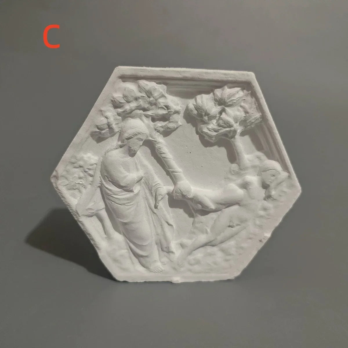 Hexagonal Classical Figure Plaster Relief, Matte White 120 mm Art Plaque, Tabletop or Wall Décor, A B C Styles - product view 1