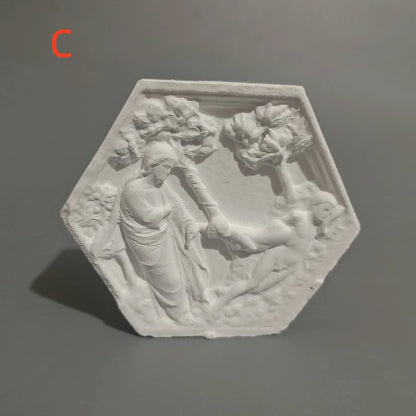 Hexagonal Classical Figure Plaster Relief, Matte White 120 mm Art Plaque, Tabletop or Wall Décor, A B C Styles - product view 1