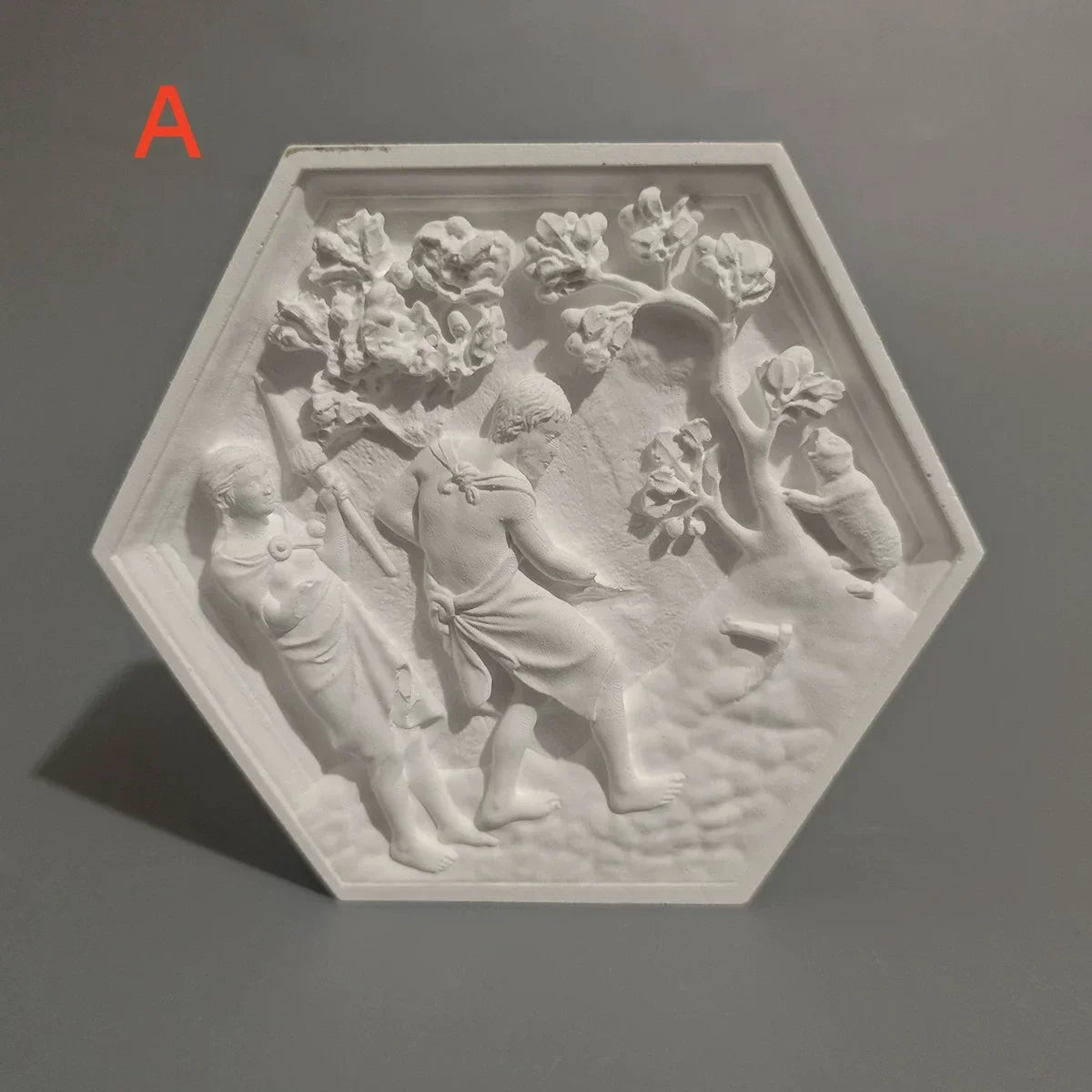 Hexagonal Classical Figure Plaster Relief, Matte White 120 mm Art Plaque, Tabletop or Wall Décor, A B C Styles - product view 2