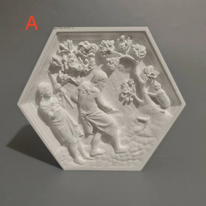 Hexagonal Classical Figure Plaster Relief, Matte White 120 mm Art Plaque, Tabletop or Wall Décor, A B C Styles - product view 2