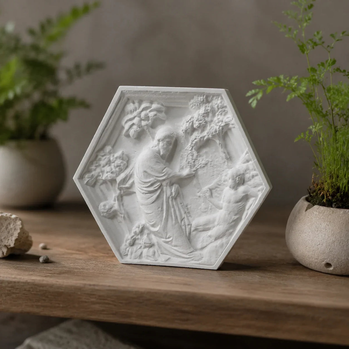 Hexagonal Classical Figure Plaster Relief, Matte White 120 mm Art Plaque, Tabletop or Wall Décor, A B C Styles - product view 5