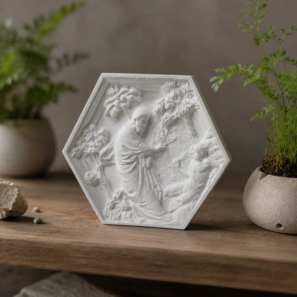 Hexagonal Classical Figure Plaster Relief, Matte White 120 mm Art Plaque, Tabletop or Wall Décor, A B C Styles - product view 5