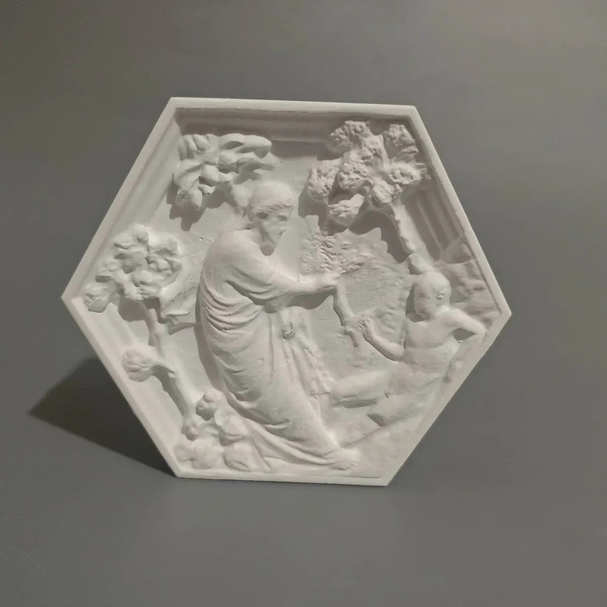 Hexagonal Classical Figure Plaster Relief, Matte White 120 mm Art Plaque, Tabletop or Wall Décor, A B C Styles - product view 6
