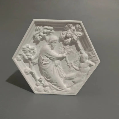 Hexagonal Classical Figure Plaster Relief, Matte White 120 mm Art Plaque, Tabletop or Wall Décor, A B C Styles - product view 6