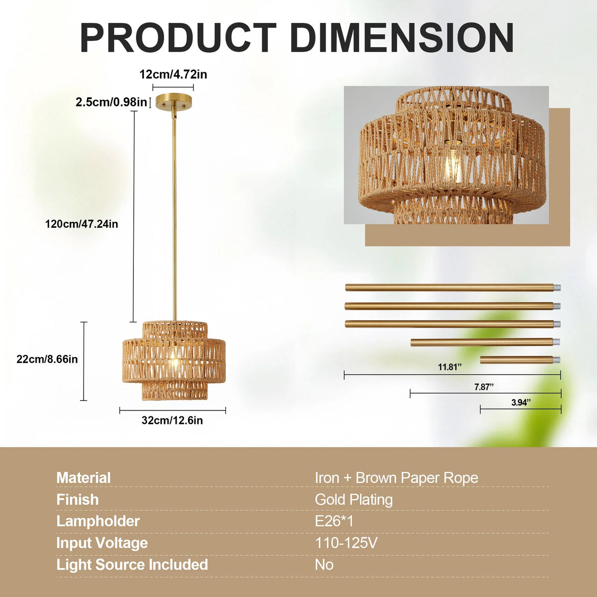 Boho Rattan Pendant Light, Hand-Knitted Wicker Shade, E26 Socket, Dimmable AC Fixture for Living Rooms and Dining Areas - product view 3